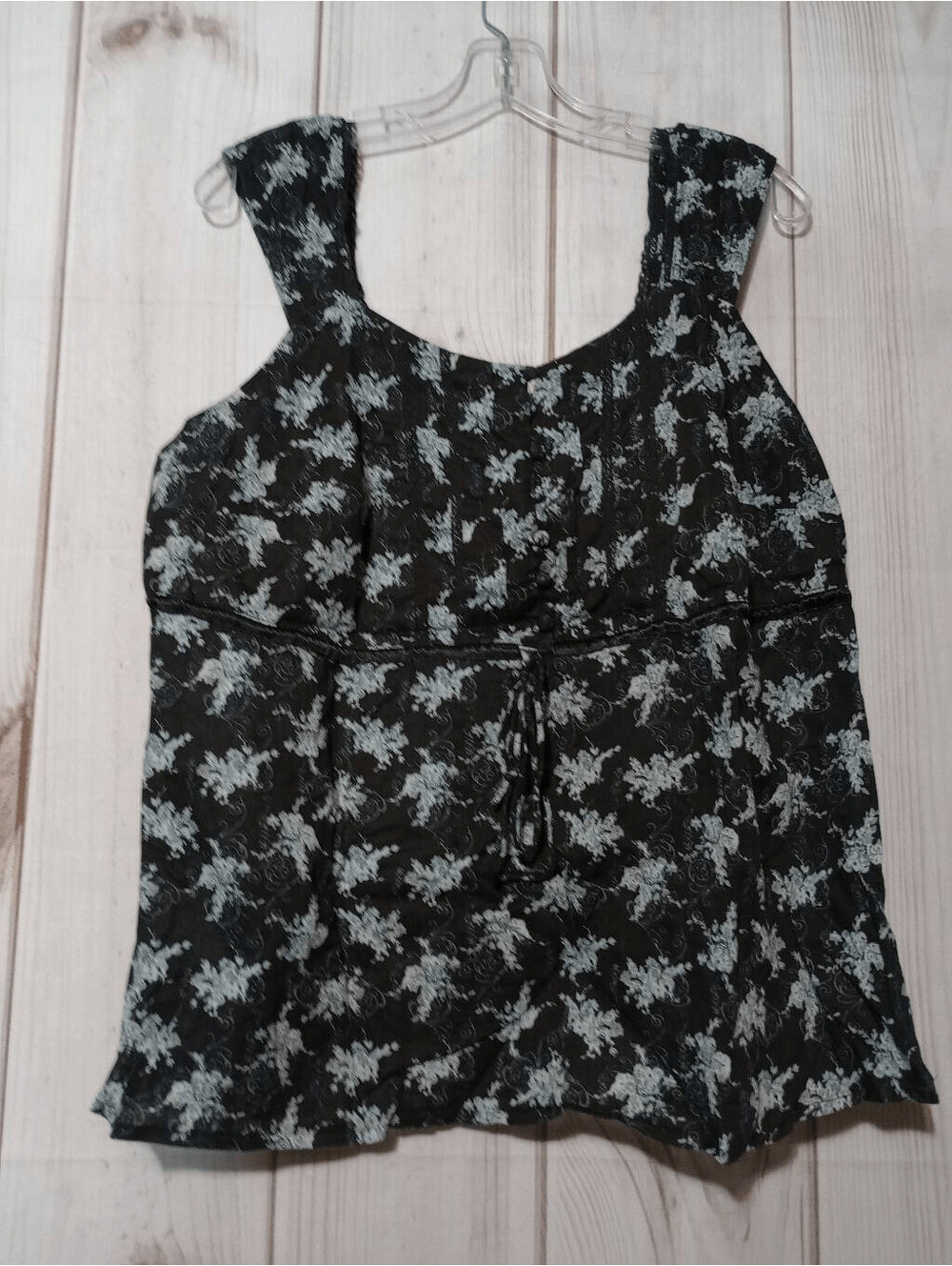 Venezia Women Black Floral Cotton Tank Top Button Front Drawstring Waist Size 18